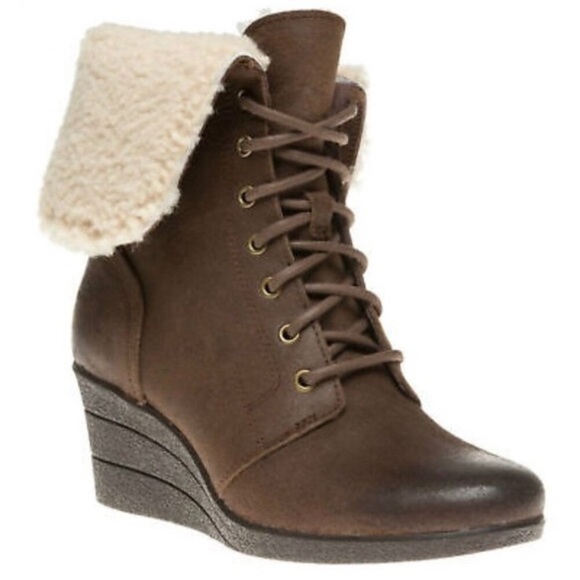 UGG Zea Suede Lace Up Wedge Boot Waterproof Shearling Cuff Brown Leather 10 - Picture 2 of 15